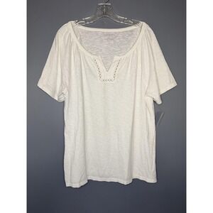 Talbots Shirt Womens Petite PXL White Crochet Scoop Neck Slub Cotton Tee Top NWT